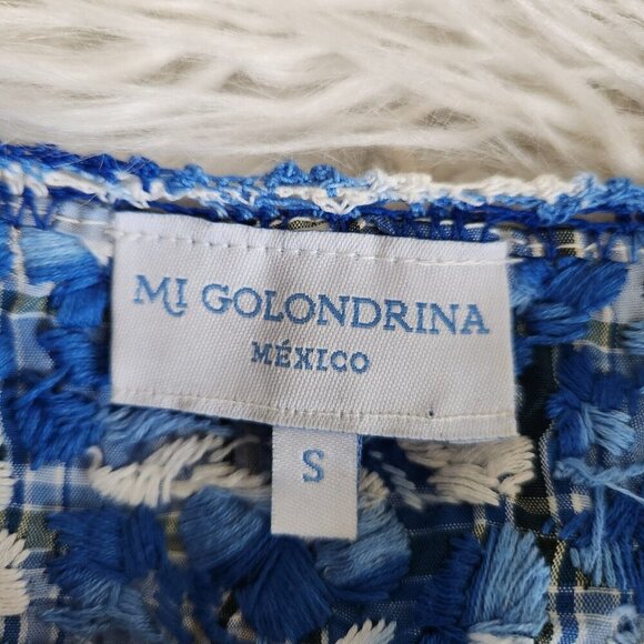MI GOLONDRINA Soledad Blouse Women's Small Floral Ruffle‎ Top Lago Blue Plaid - Picture 3 of 12
